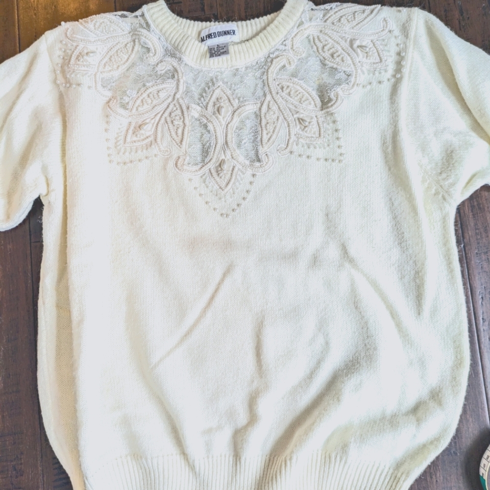 Alfred dunner lace beaded perl vintage sweater cream white s m l